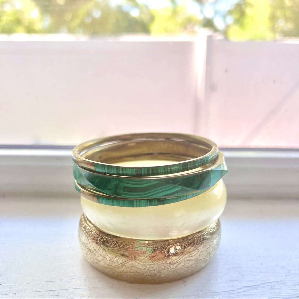 Set of Bangles - Gold tone, green/jade tone, iridescent off-white